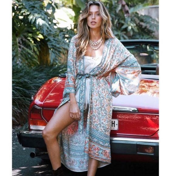 Gypsy Boho Paisley Print Maxi Duster Kimono Yellow - Picture 2 of 9